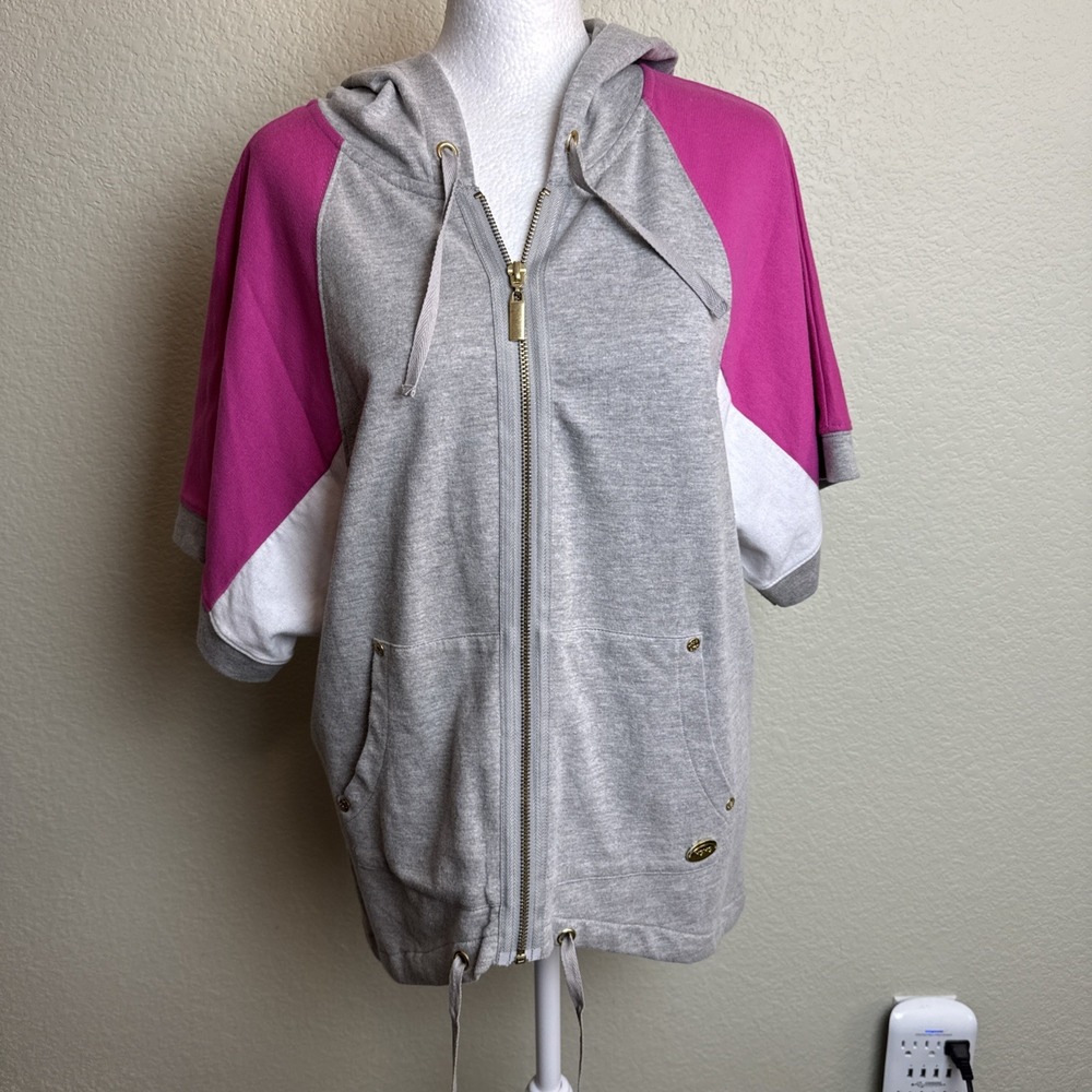 XOXO Short Sleeve Hoodie M Womens Gray Pink Zip Up Drawstring Sweatshirt Jacket